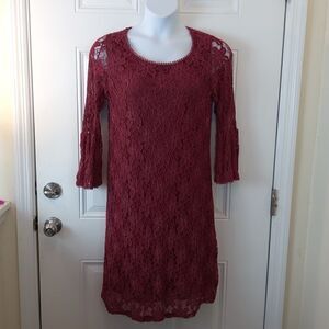 Blooming Rose maroon fully lined lace Bell sleeve dress